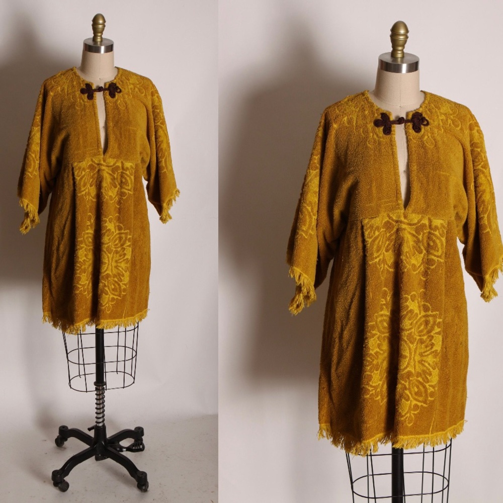 1960’s Mustard Yellow Swirl Towel Fringe Sleeve Pullover Tunic Dress 🌼